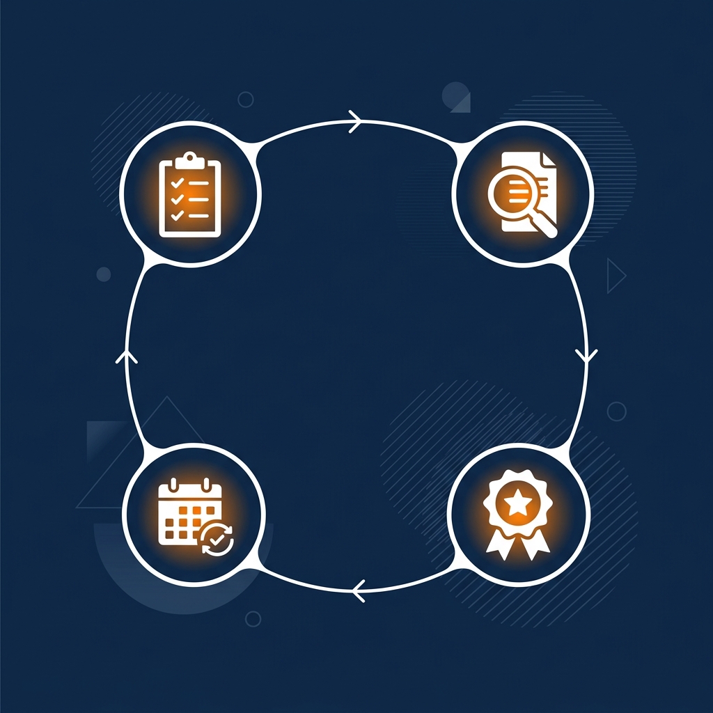 Accreditation process flow: Application, Assessment, Accreditation, Surveillance
